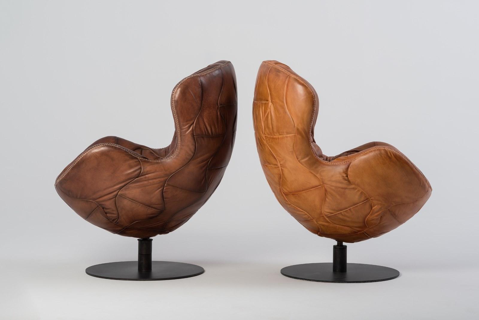 PELÈ Swivel leather armchair with armrests