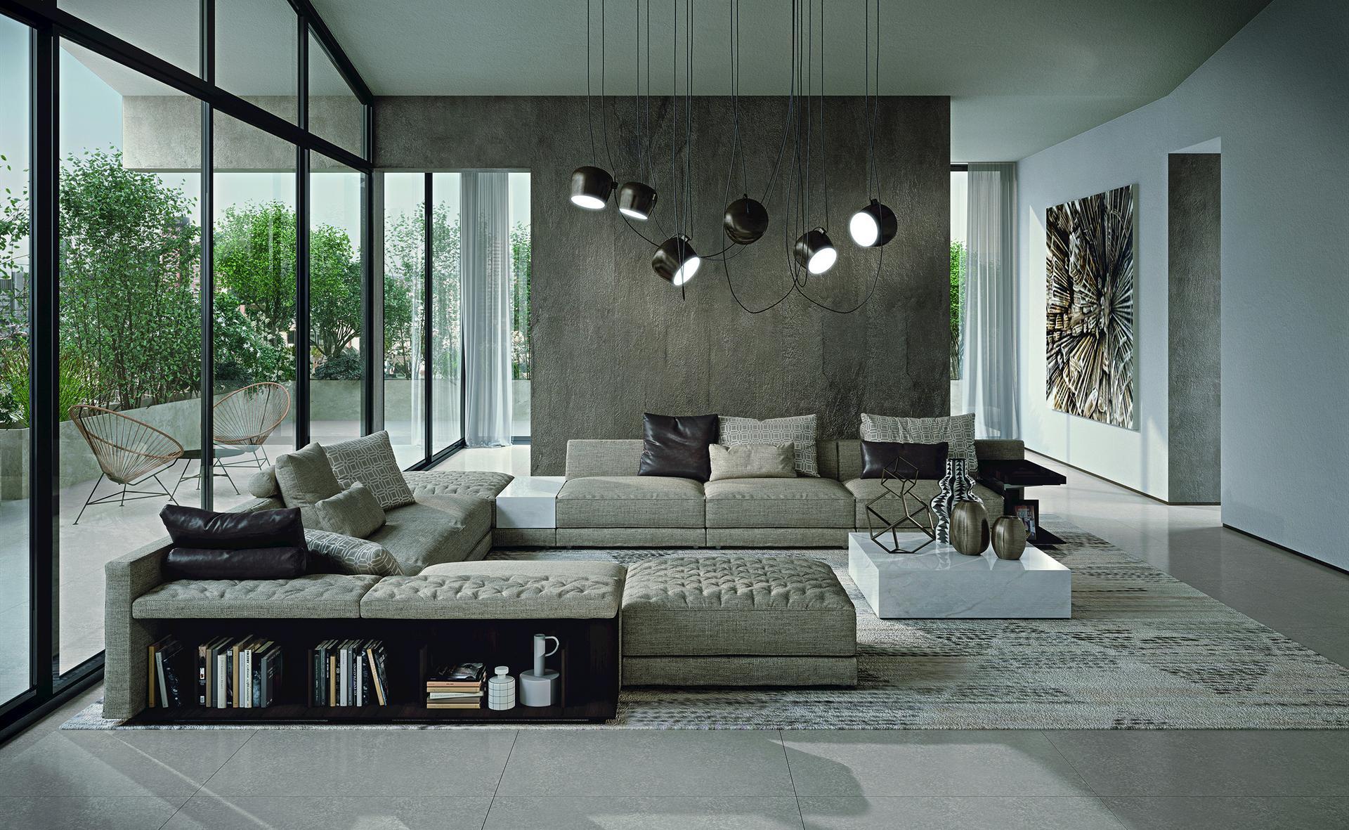 MILLER Sectional fabric sofa with integrated magazine rack