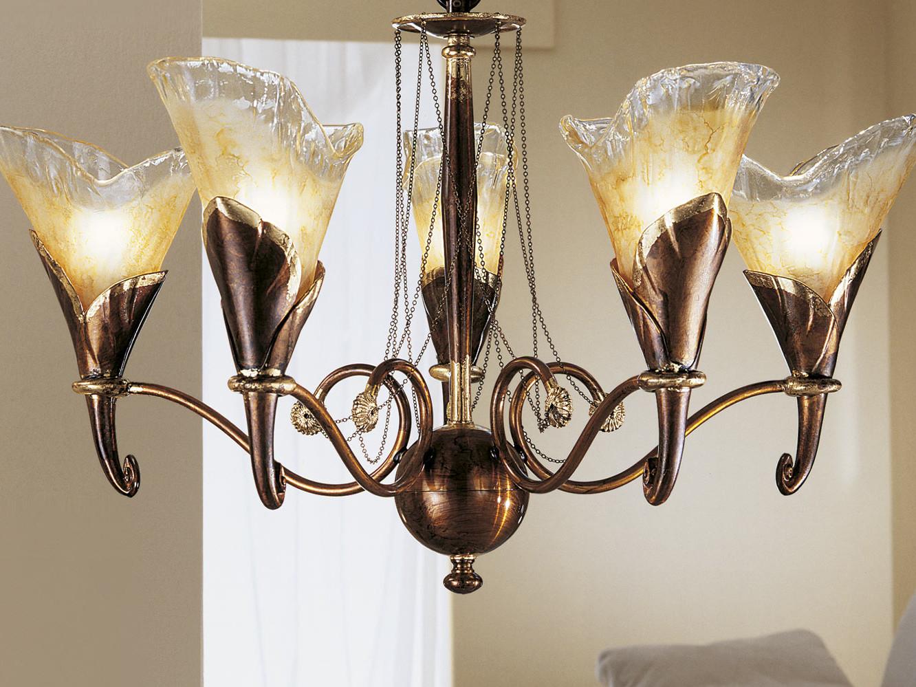 CREAMY 315/5 Rust/gold leaf chandelier with amber glass