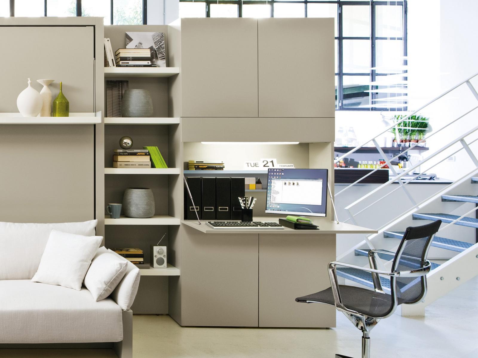 HOME OFFICE Freestanding melamine-faced chipboard storage wall with secretary desk HOME OFFICE Freestanding melamine-faced chipboard storage wall with secretary desk