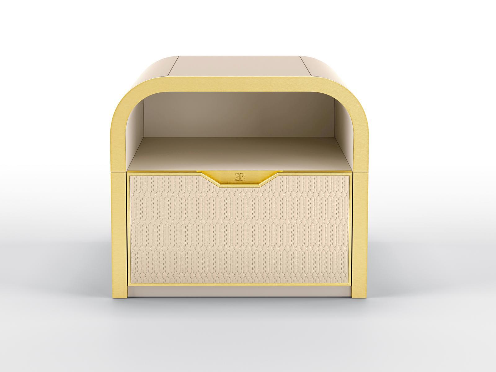 OCEAN II Lacquered bedside table with drawer front covered in leathe