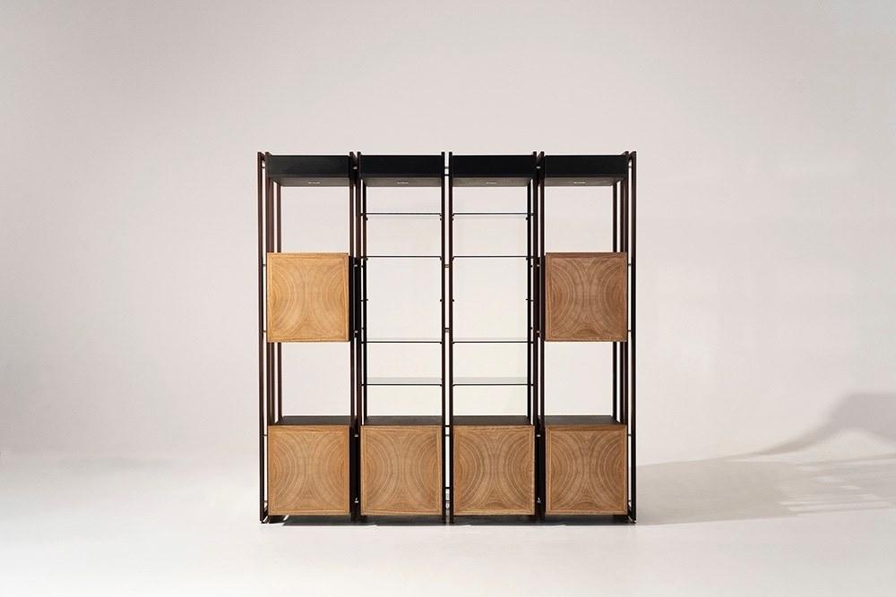 TURY Open wood veneer and iron bookcase with drawers