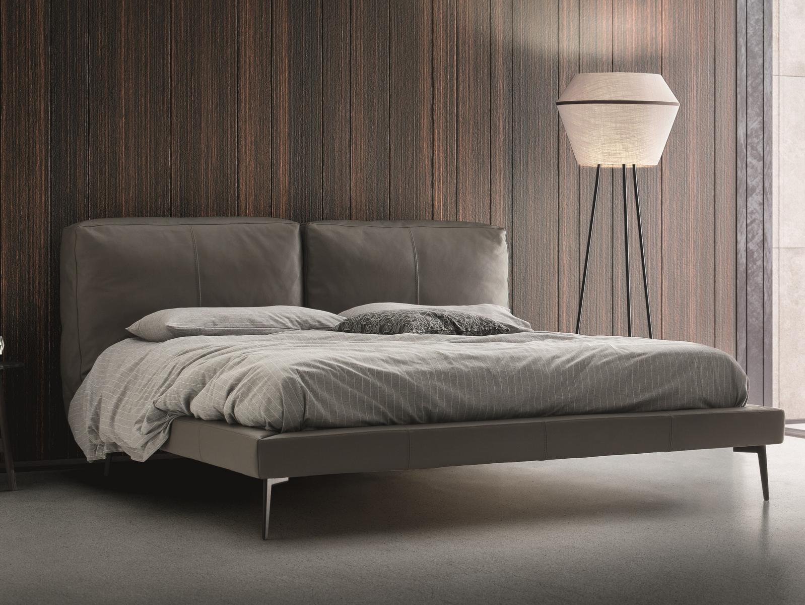 SOUND Leather bed with upholstered headboard