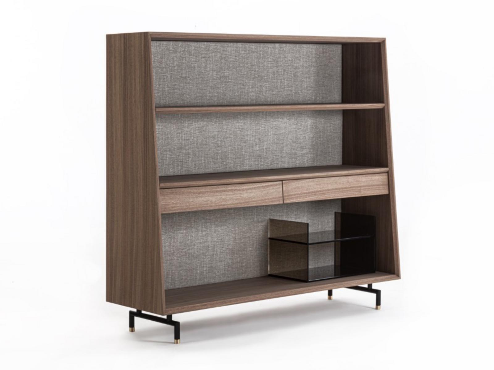 ANALOG Freestanding walnut and fabric bookcase with drawers