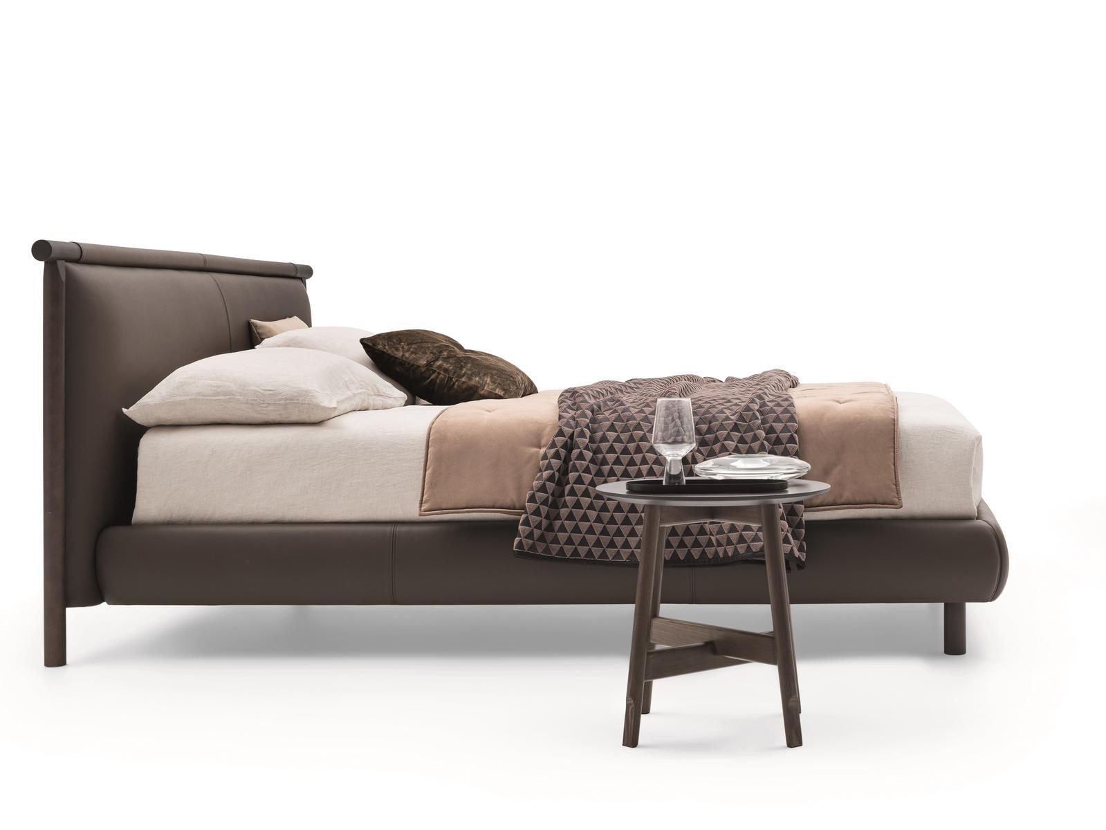 NATHAN Leather bed with upholstered headboard