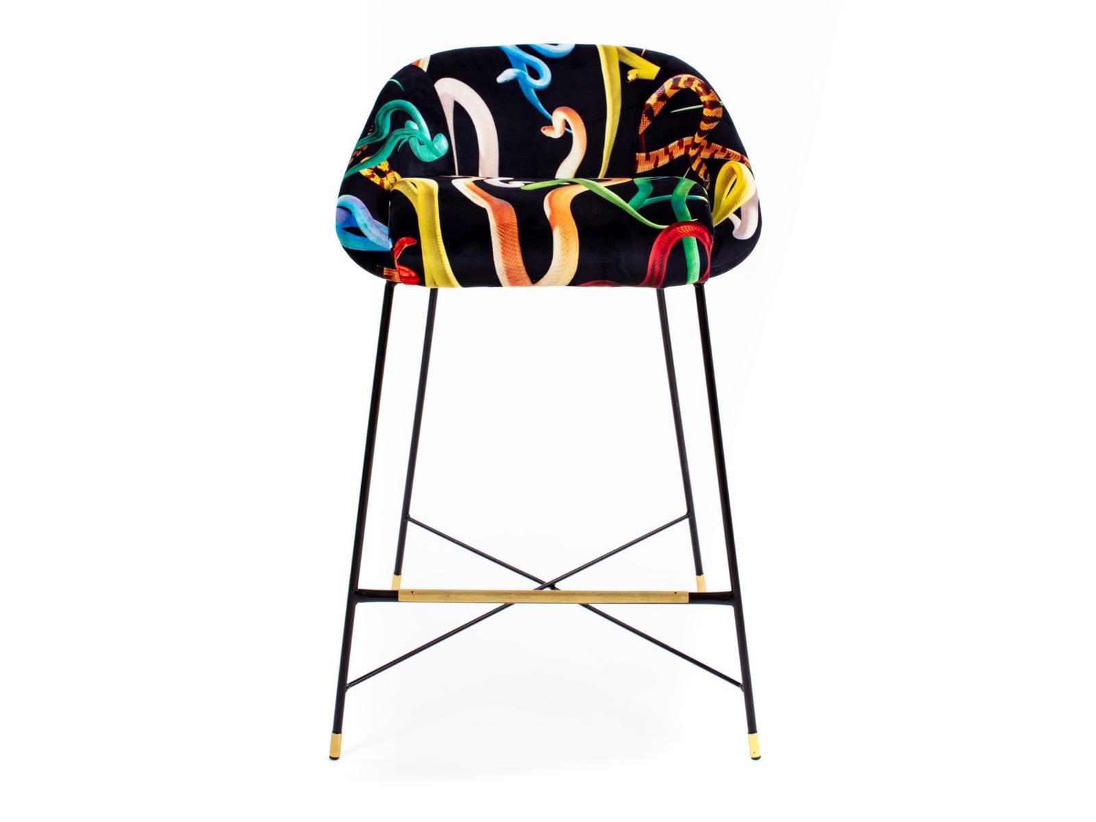 SNAKES High upholstered fabric stool with back