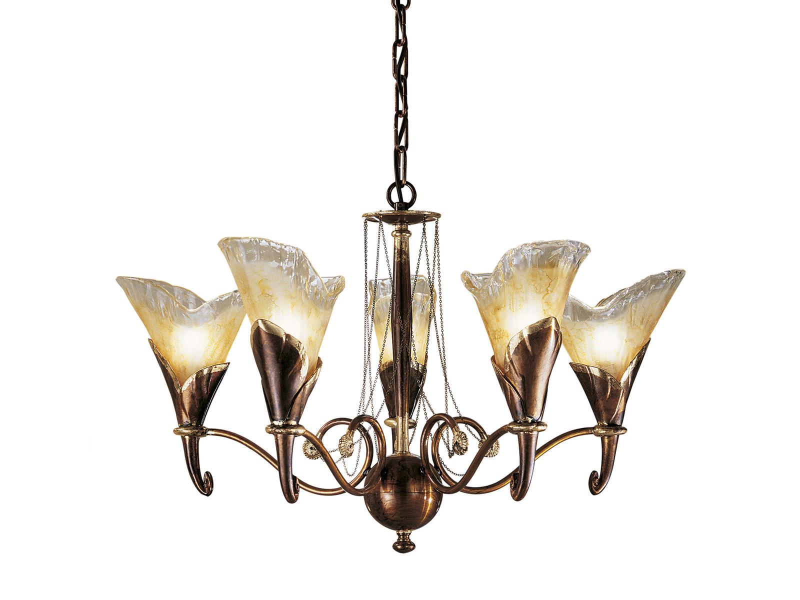 CREAMY 315/5 Rust/gold leaf chandelier with amber glass