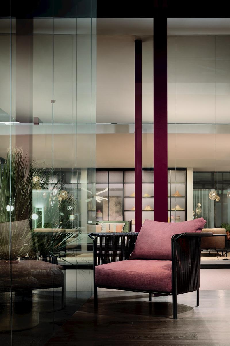 ALTON Tanned leather and fabric armchair with armrests