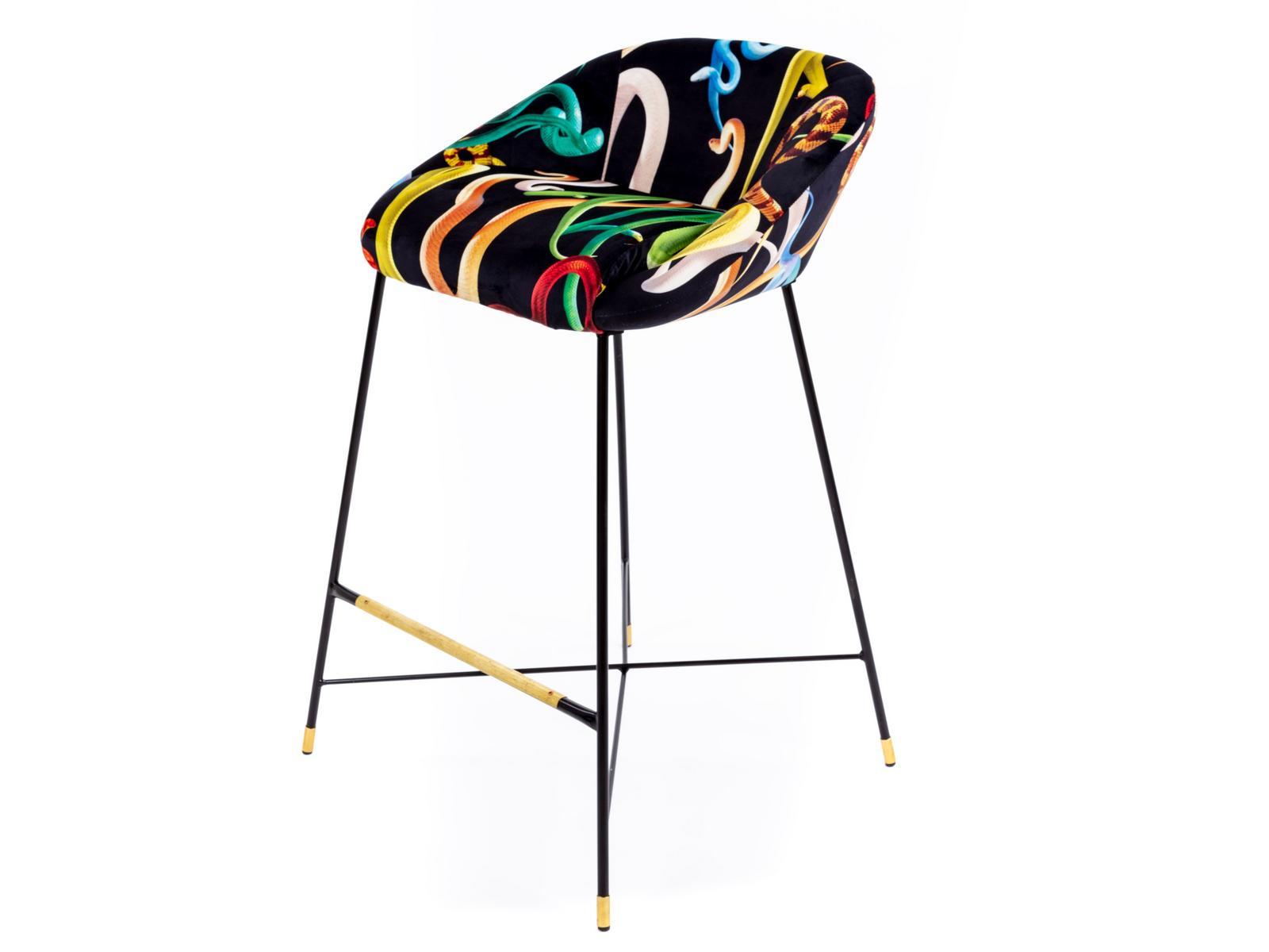 SNAKES High upholstered fabric stool with back