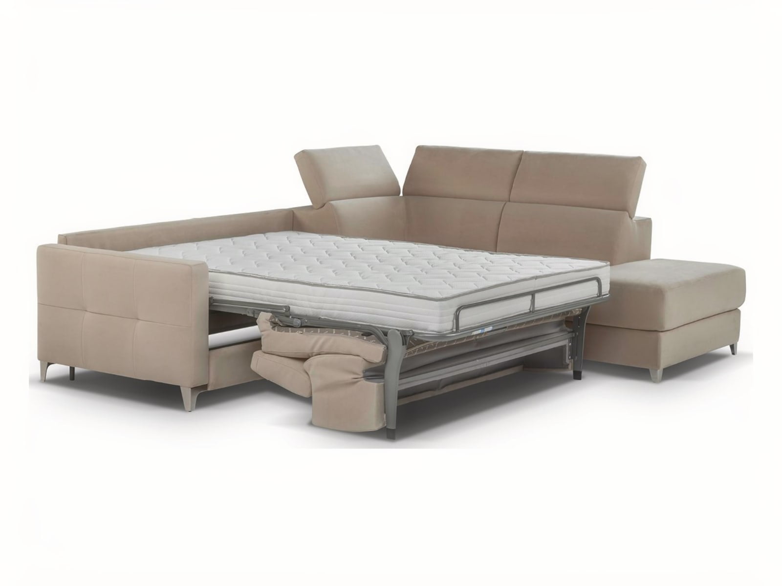 ECLETTICO Modular sofa with customizable armrests, combines a bed, recliner, and chaise-longue for versatile living and relaxation, in a minimalist design that suits any decor.