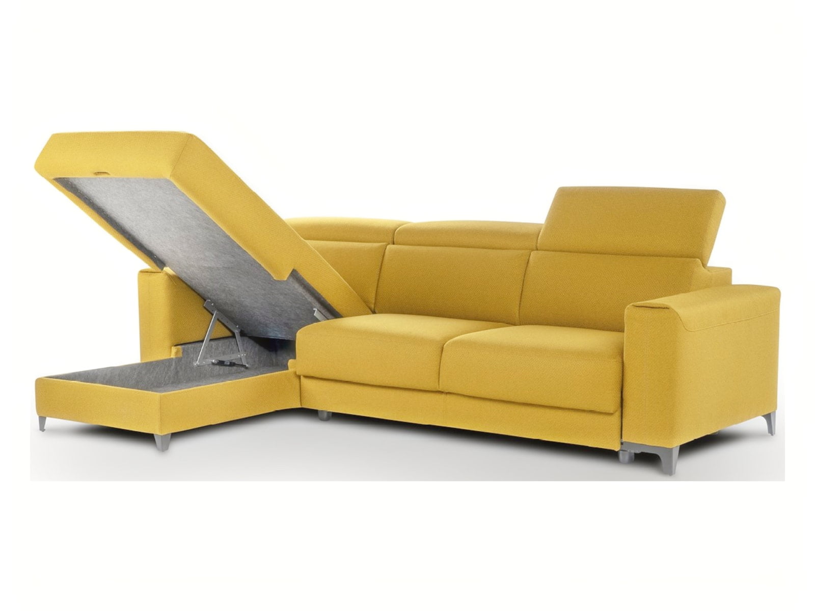 OPLÀ Innovative sofa-bed transitions seamlessly with a flip mechanism; includes storage space and adjustable headrests for ultimate functionality and comfort.