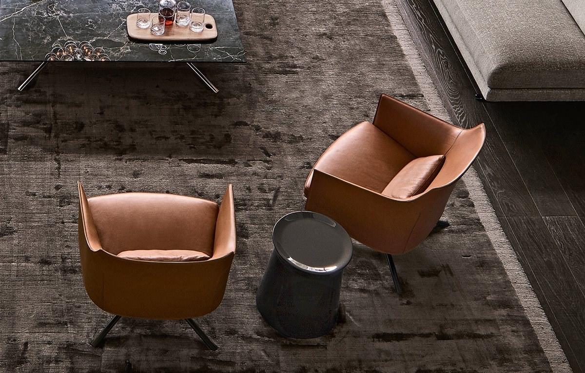 STANFORD Swivel tanned leather armchair with armrests