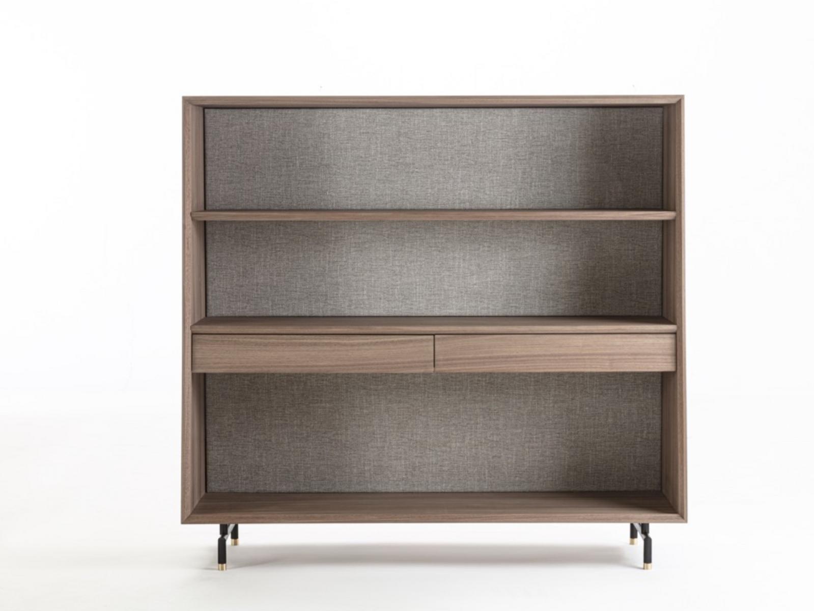 ANALOG Freestanding walnut and fabric bookcase with drawers ANALOG Freestanding walnut and fabric bookcase with drawers