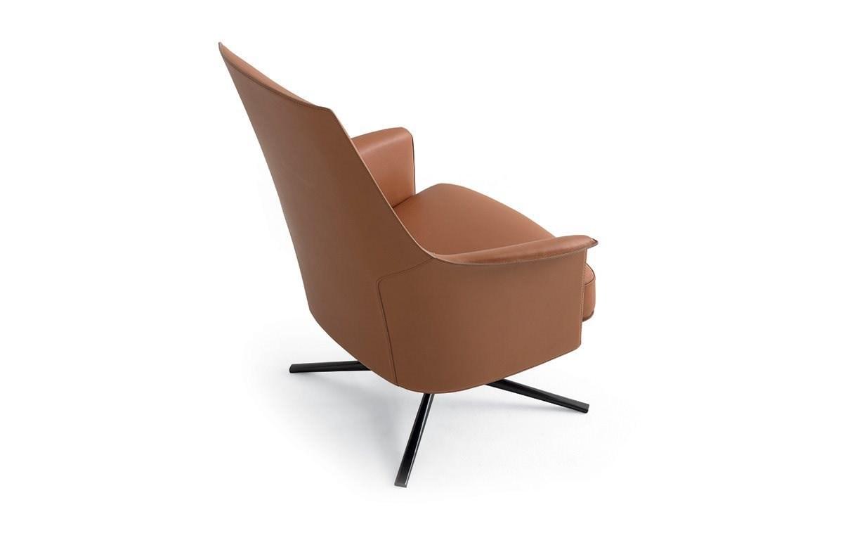 STANFORD LOUNGE Swivel leather armchair with 4-spoke base with armrests