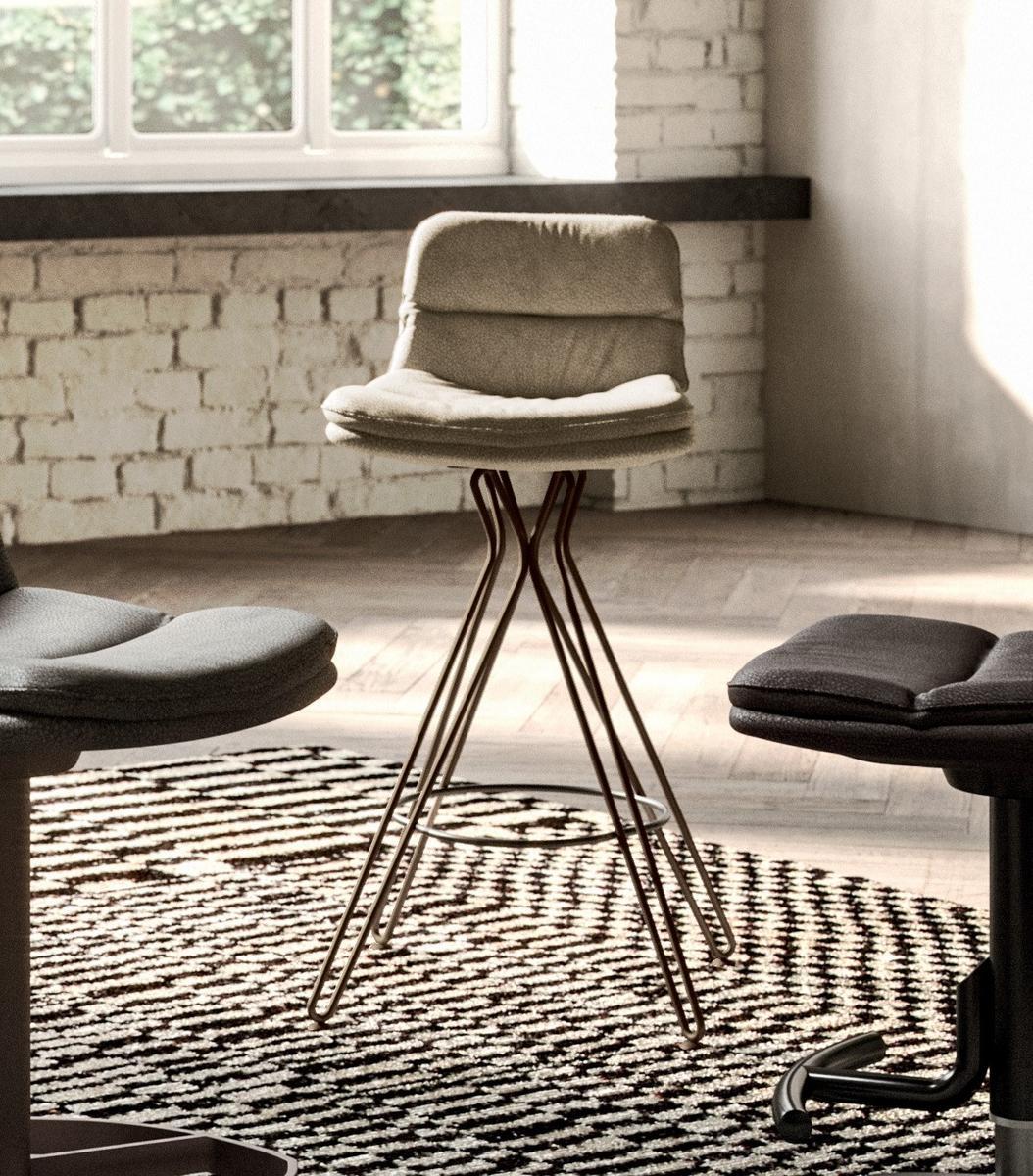 MORGAN High stool in leather and metal with footrest