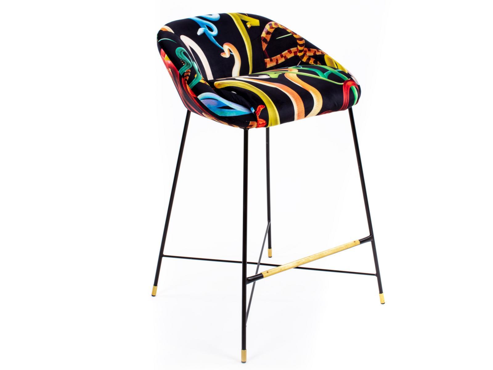 SNAKES High upholstered fabric stool with back