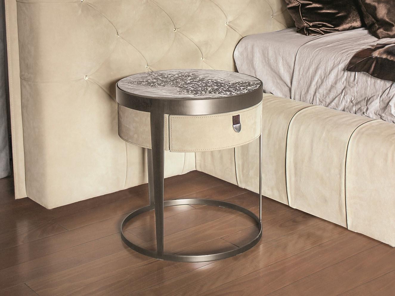 AMADEUS Round nabuk bedside table with drawers