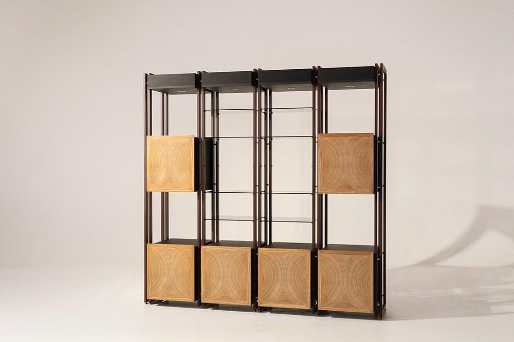 TURY Open wood veneer and iron bookcase with drawers