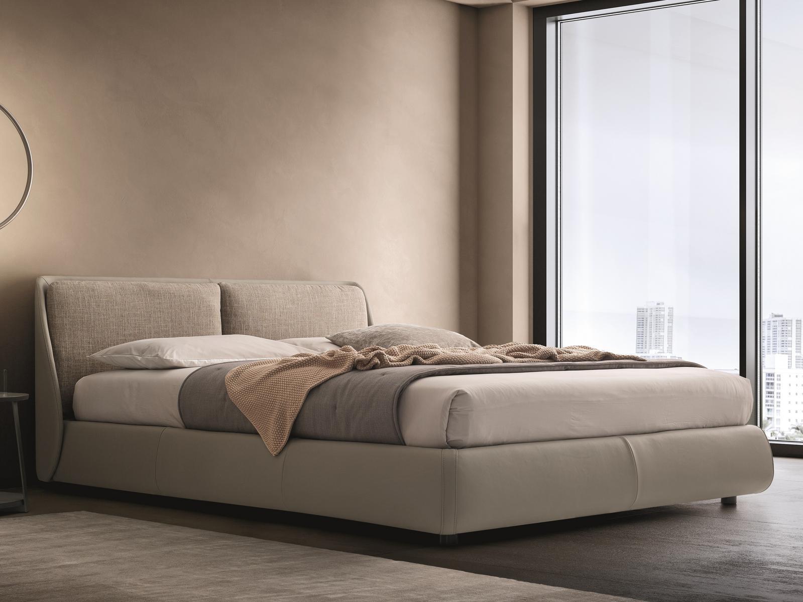 BEND Leather bed with upholstered headboard