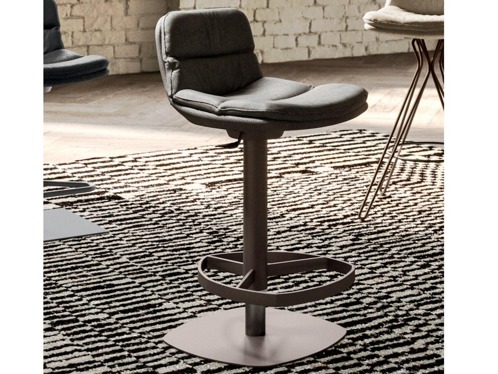 MARLON High stool in leather and metal with footrest