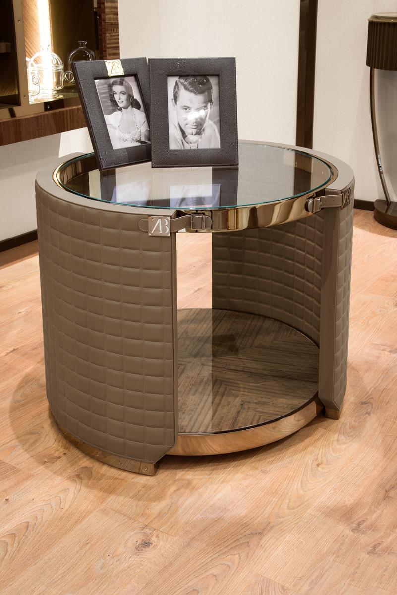 RUPERT Round coffee table covered in leather and glass top