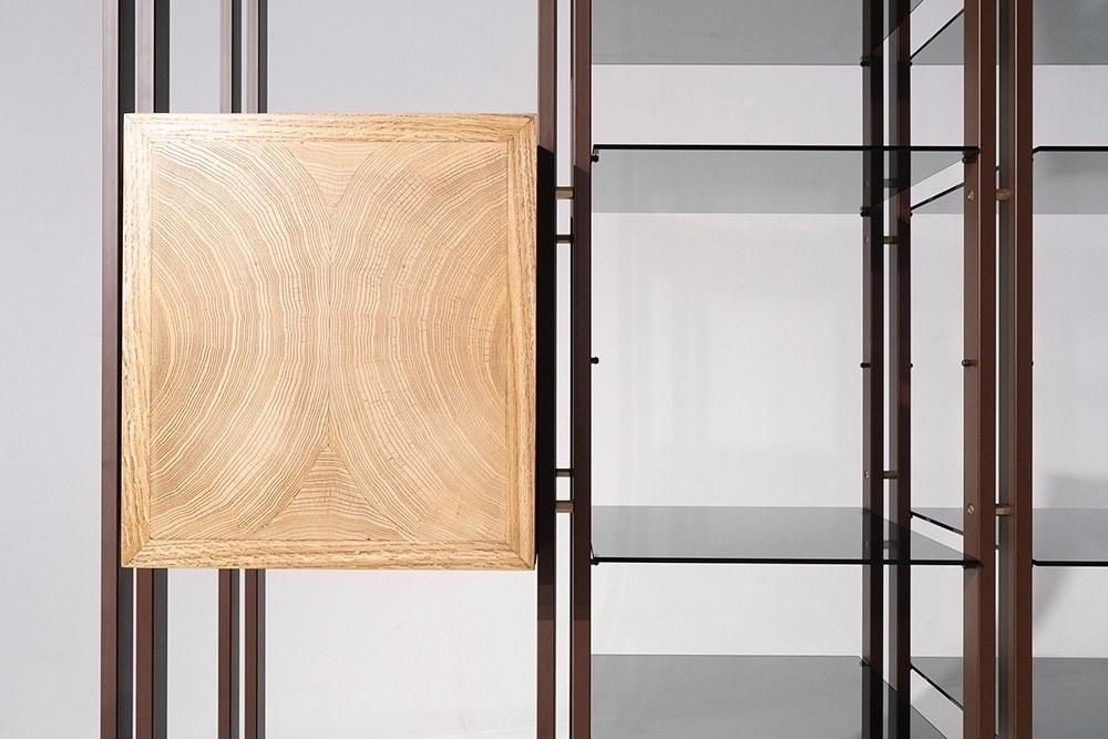 TURY Open wood veneer and iron bookcase with drawers