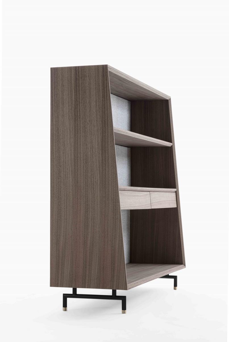 ANALOG Freestanding walnut and fabric bookcase with drawers
