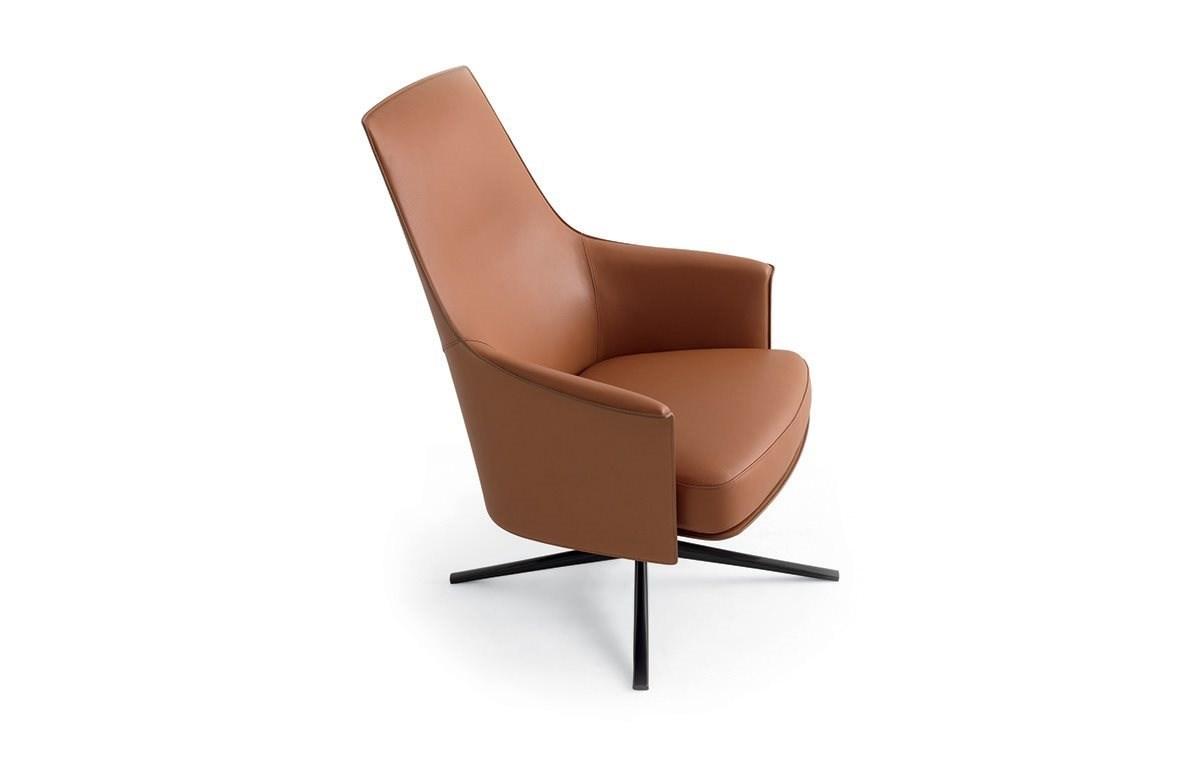 STANFORD LOUNGE Swivel leather armchair with 4-spoke base with armrests