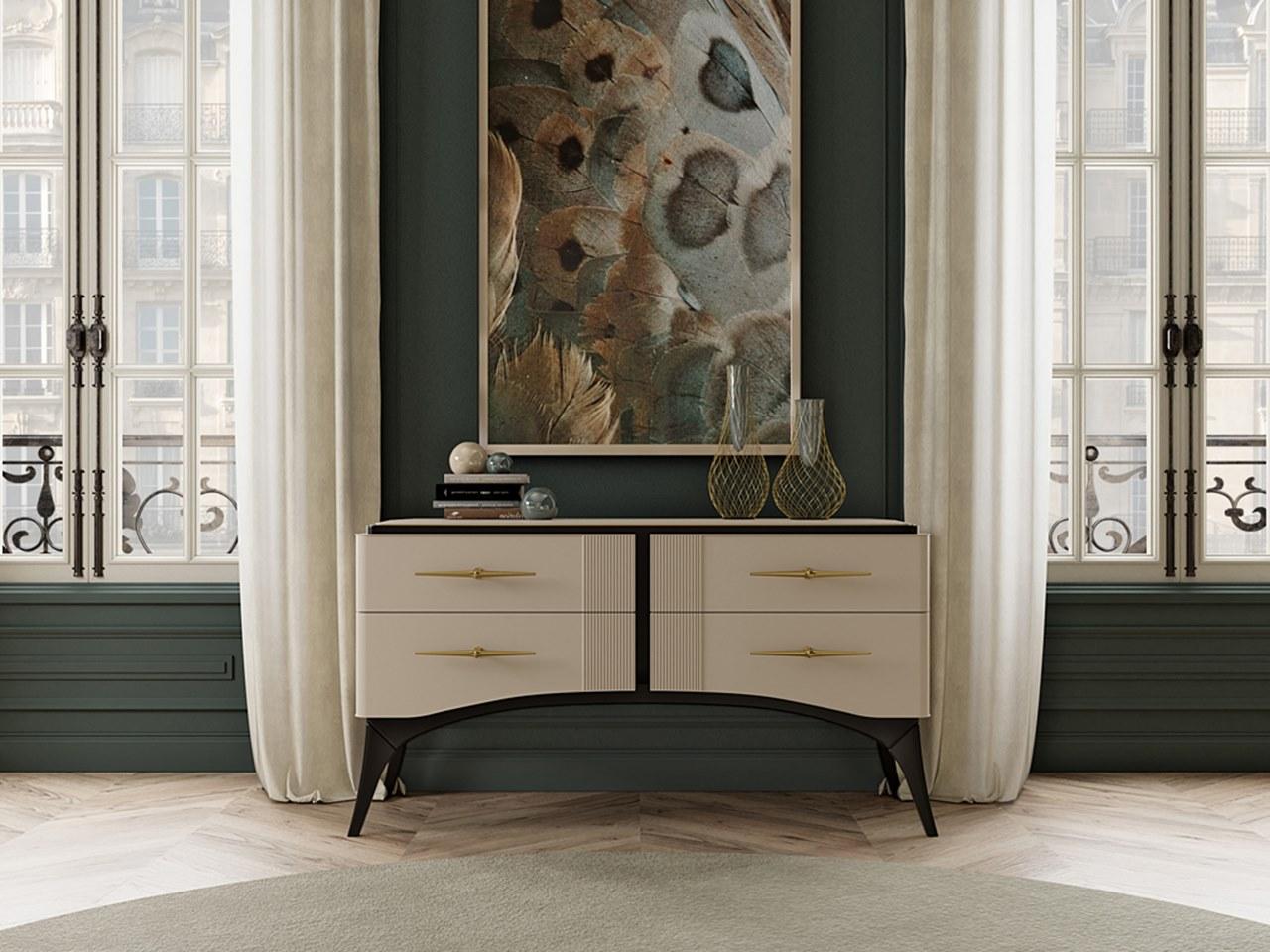 PR.109 Wooden chest of drawers with colored glass top