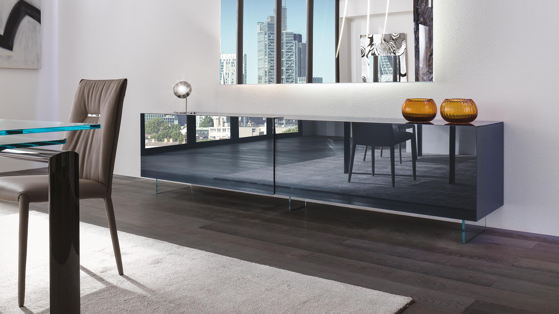 MIRAGE Wood and glass sideboard with sliding doors