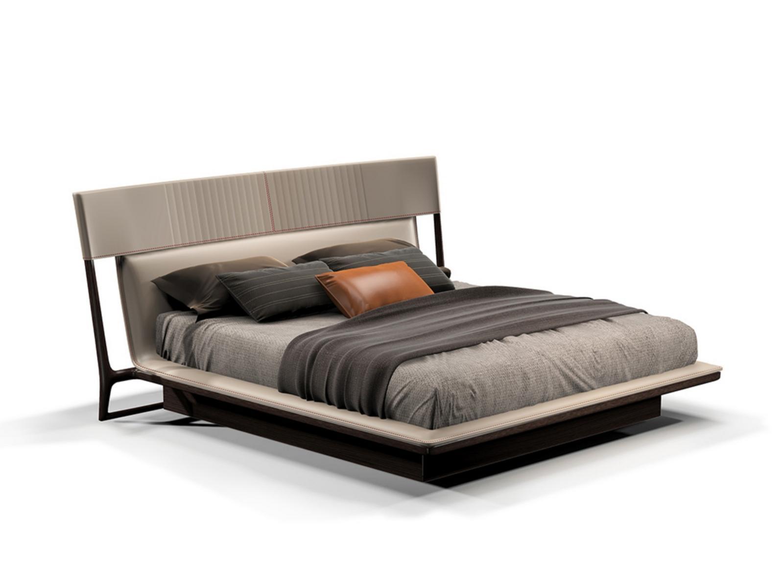 VINE Solid wood double bed with leather upholstered headboard