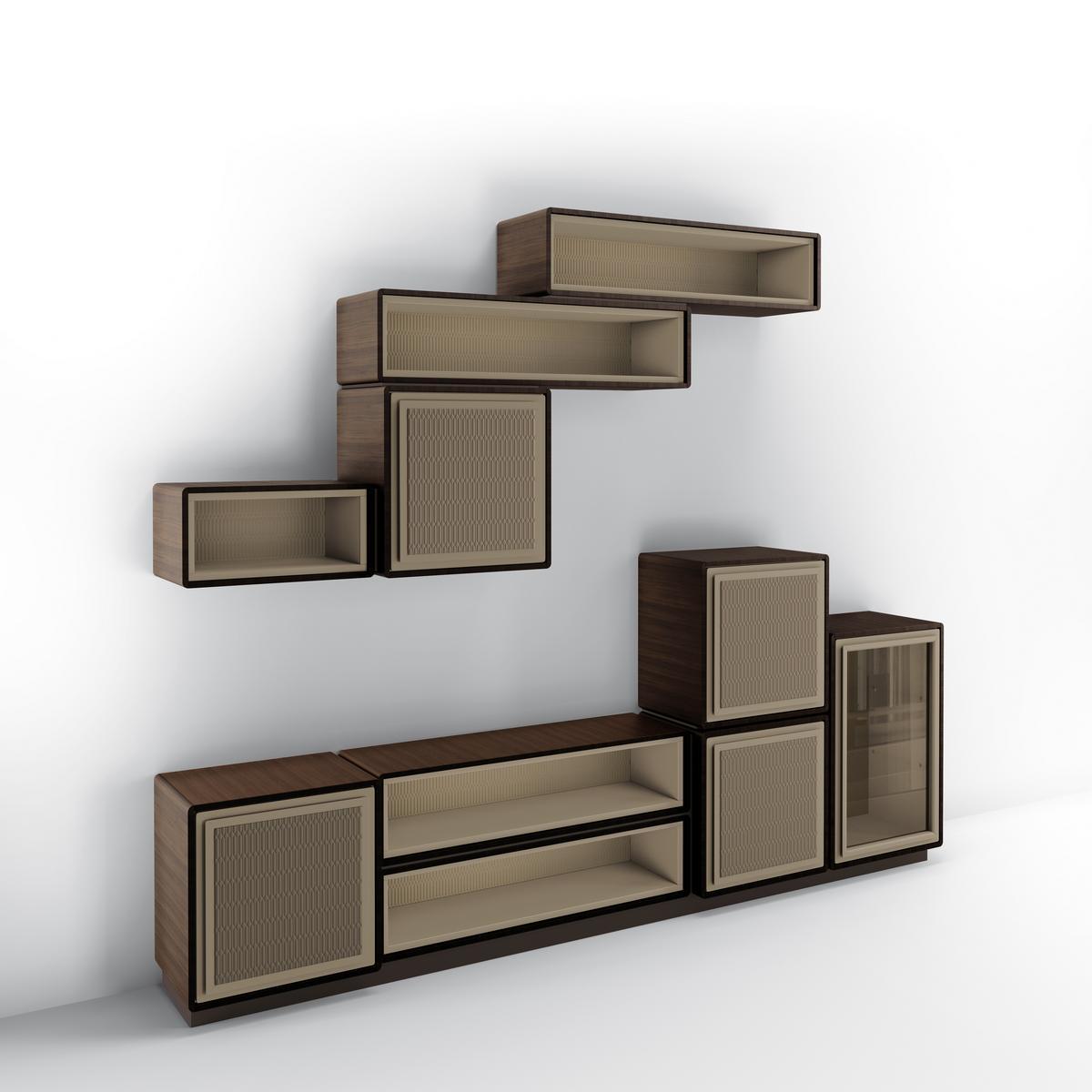 DEDALO Modular walnut TV cabinet with doors