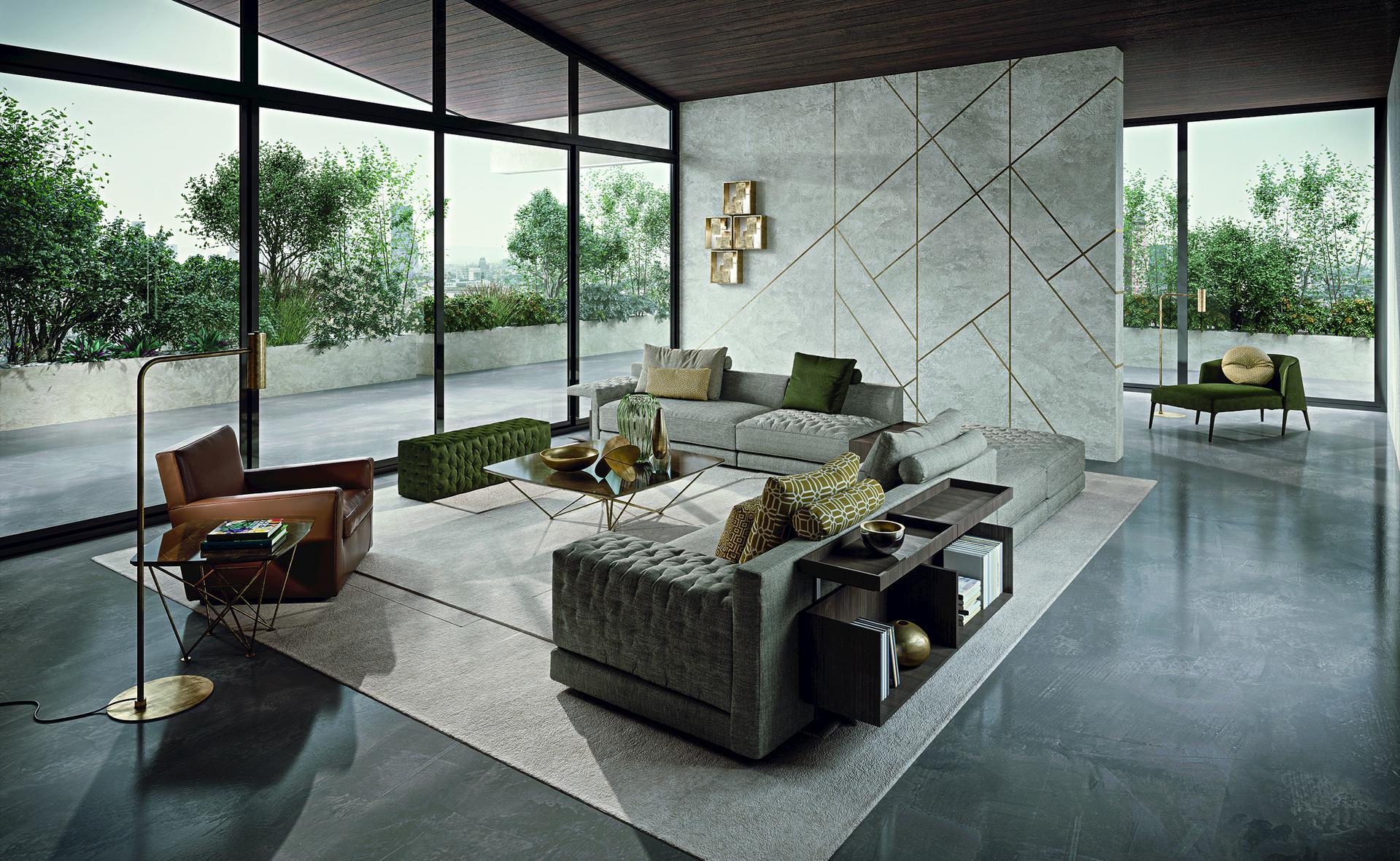 MILLER Sectional fabric sofa with integrated magazine rack