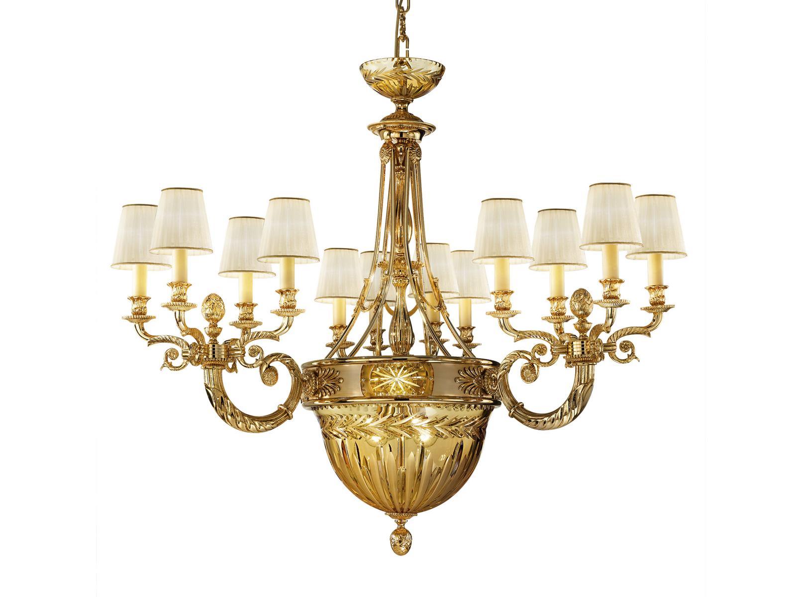 AMBER 431/15+2 Shaded gold plated chandelier with amber crystal and shades