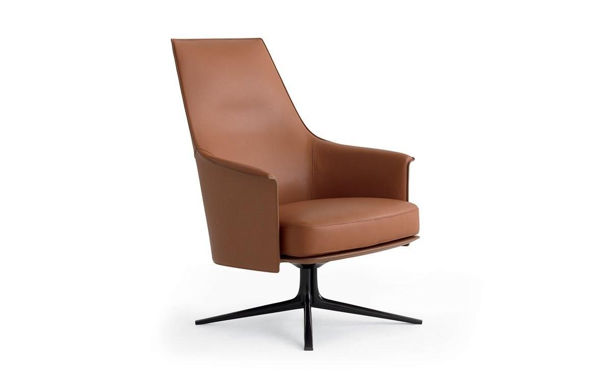 STANFORD LOUNGE Swivel leather armchair with 4-spoke base with armrests