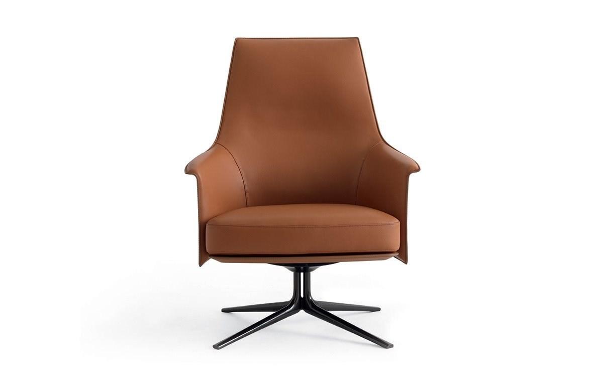 STANFORD LOUNGE Swivel leather armchair with 4-spoke base with armrests