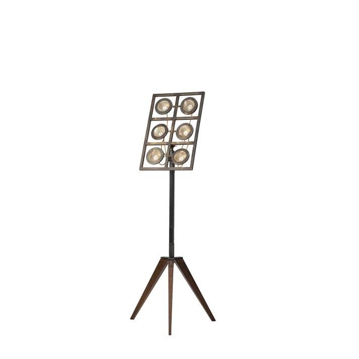 TOTÒ Acid etched brass and oak floor lamp with tripod