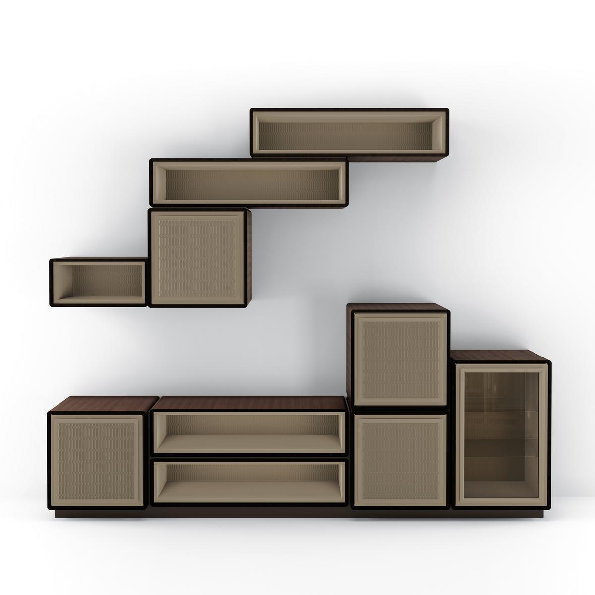 DEDALO Modular walnut TV cabinet with doors