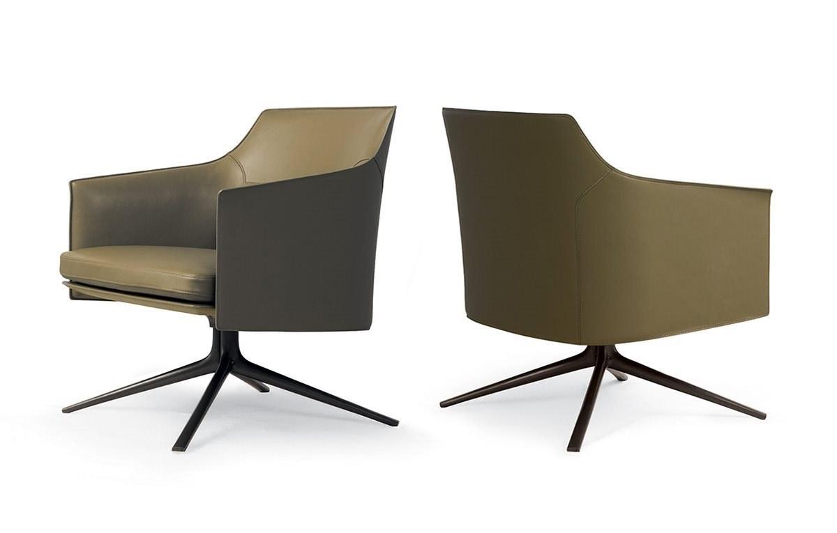 STANFORD Swivel tanned leather armchair with armrests