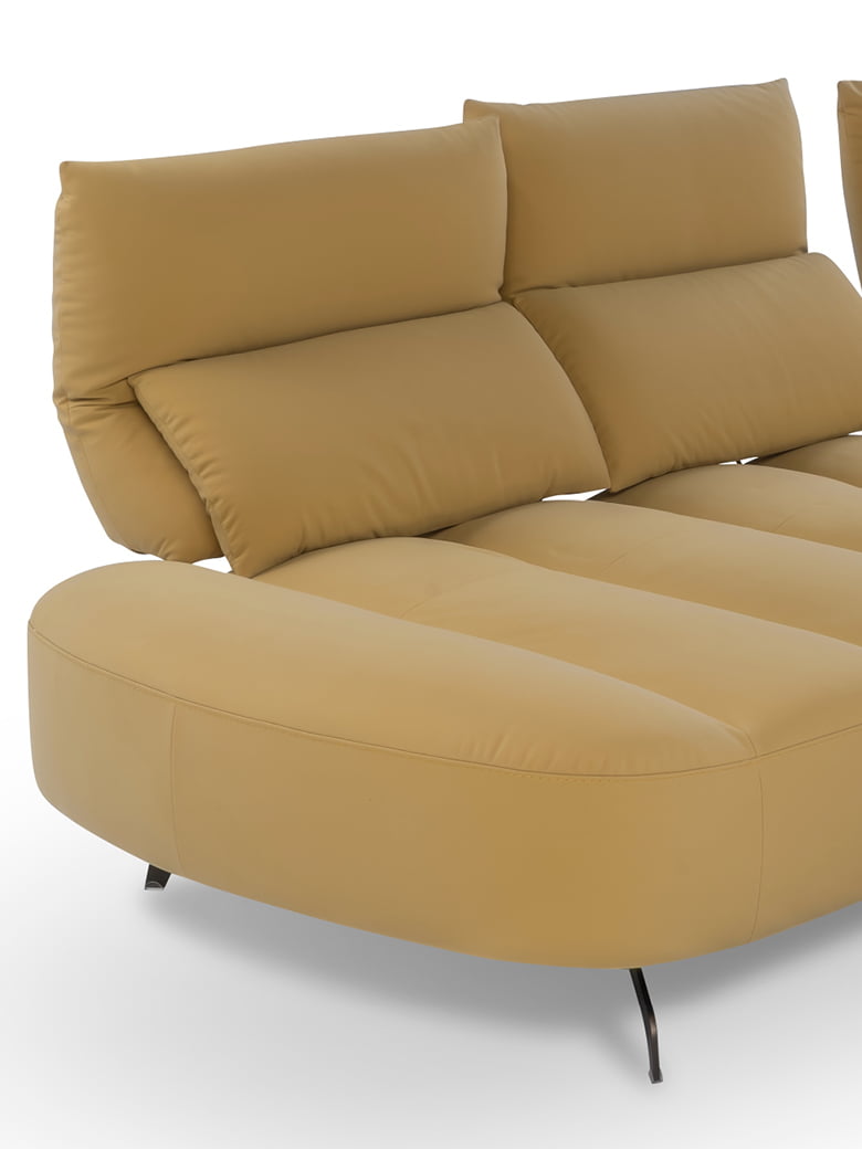 MANGO Contemporary sofa with adjustable backrests, extending seat depth for customizable comfort, quilted stitching, and optional metal feet finishes.