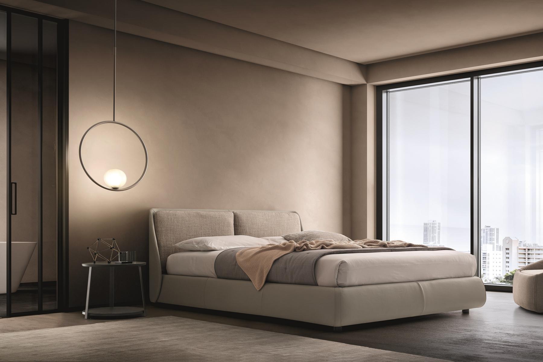 BEND Leather bed with upholstered headboard
