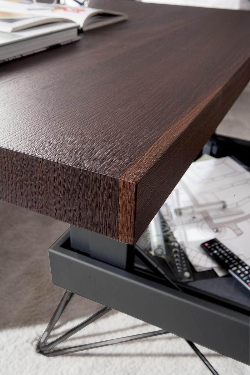 RADIUS Height-adjustable wooden coffee table with integrated magazine rack