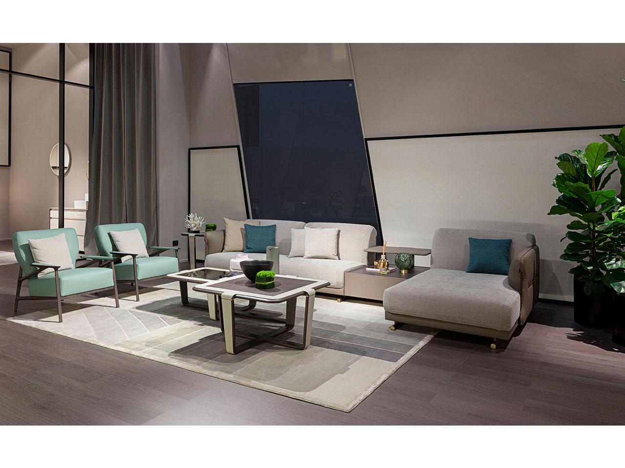 VINE Sectional fabric and leather sofa with chaise longue