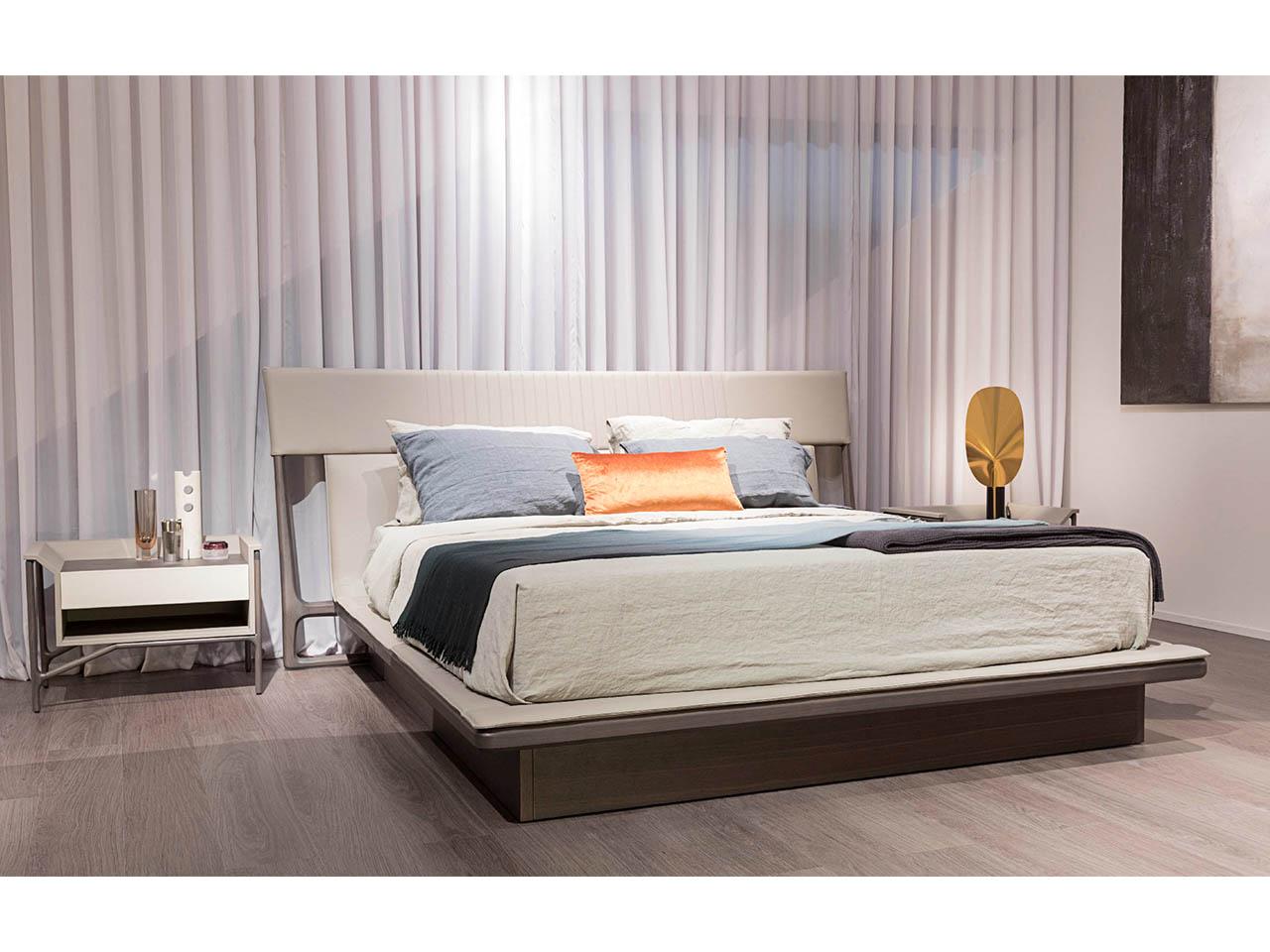 VINE Solid wood double bed with leather upholstered headboard