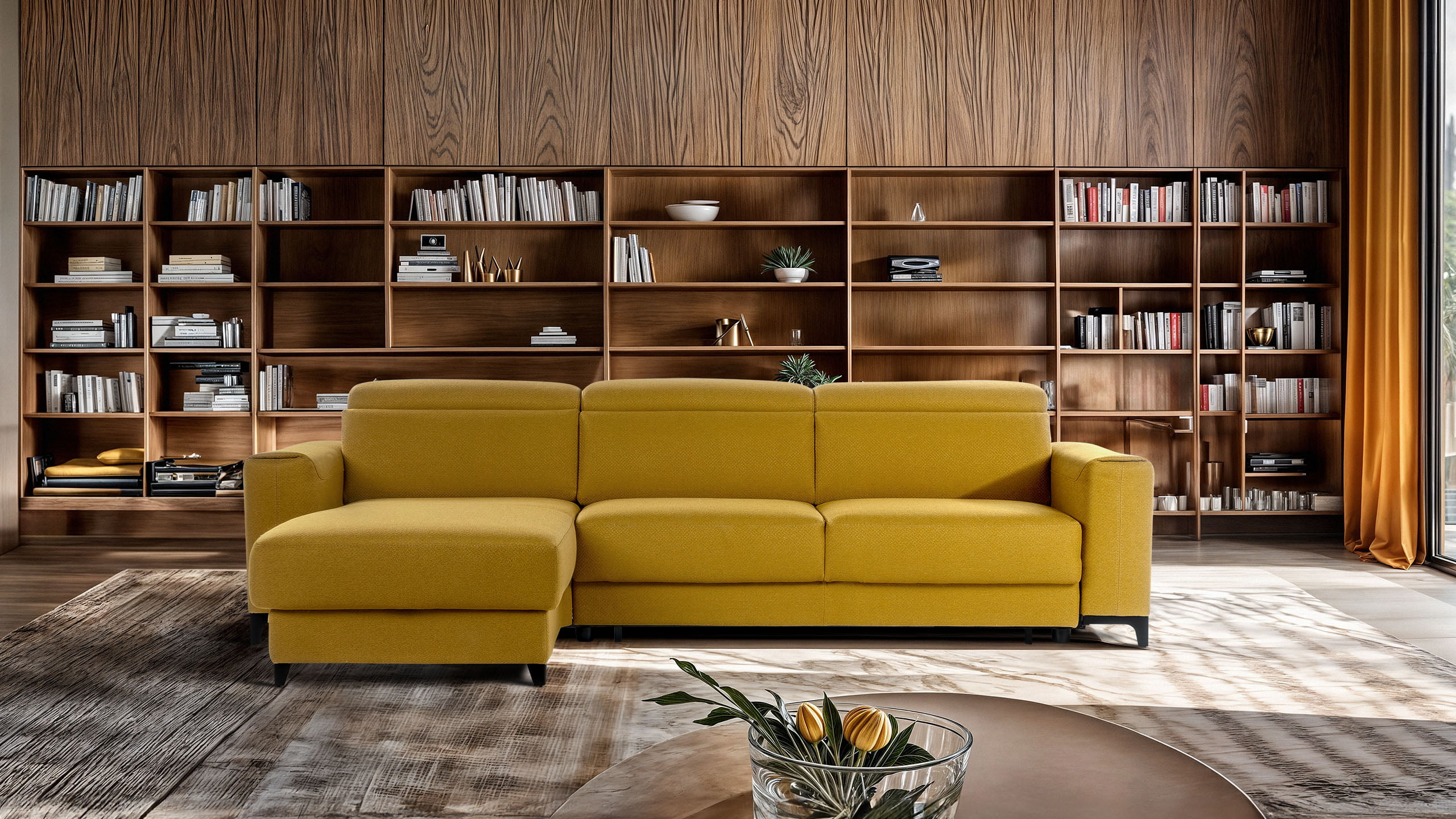 OPLÀ Innovative sofa-bed transitions seamlessly with a flip mechanism; includes storage space and adjustable headrests for ultimate functionality and comfort.