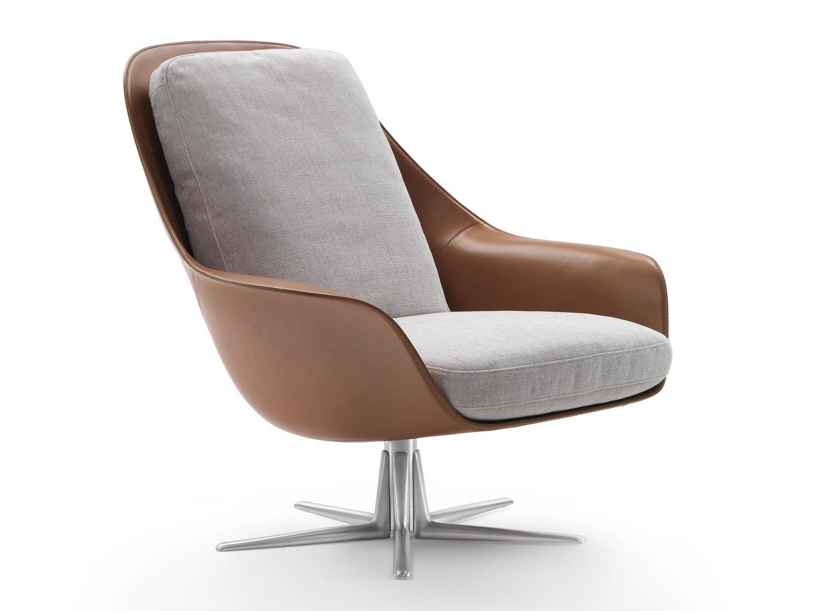 SVEVA Swivel leather armchair with 5-spoke base with armrests