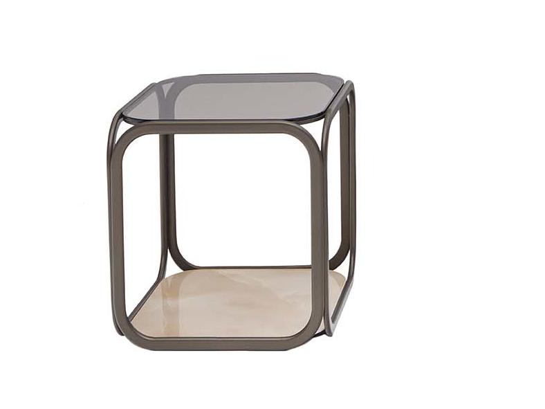 REMIND Square high metal side table with glass top and marble base