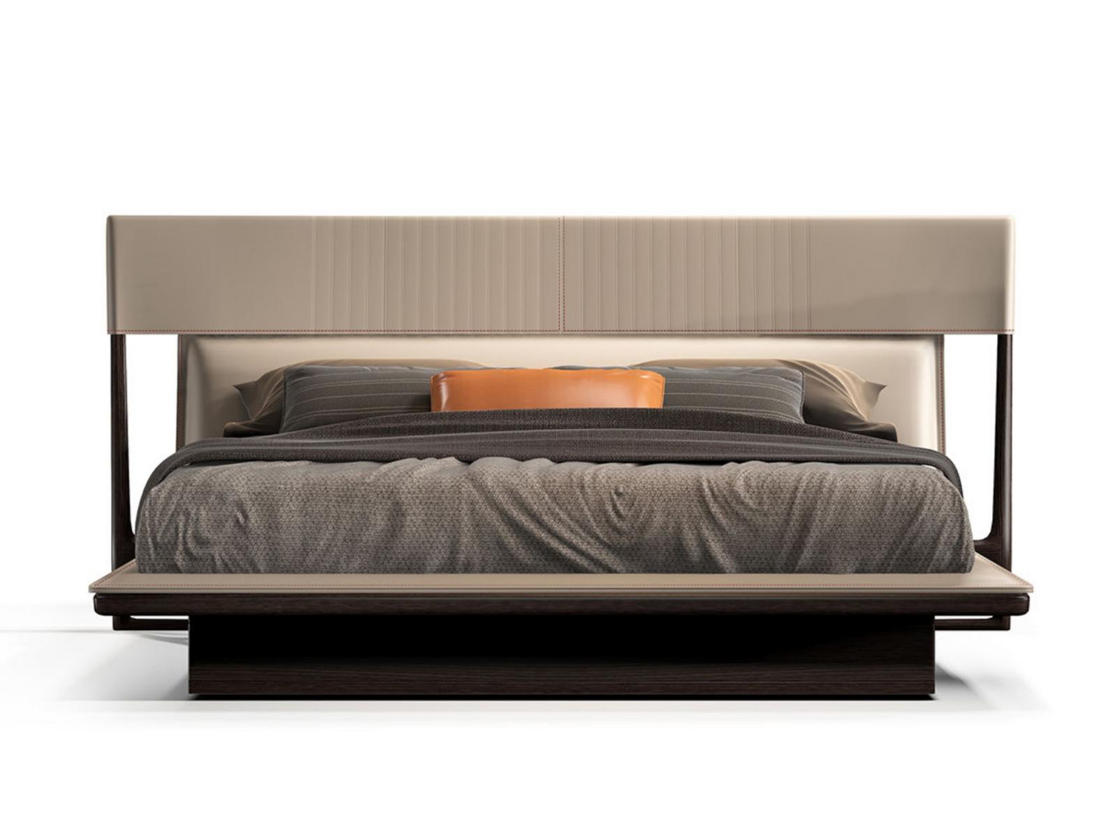 VINE Solid wood double bed with leather upholstered headboard