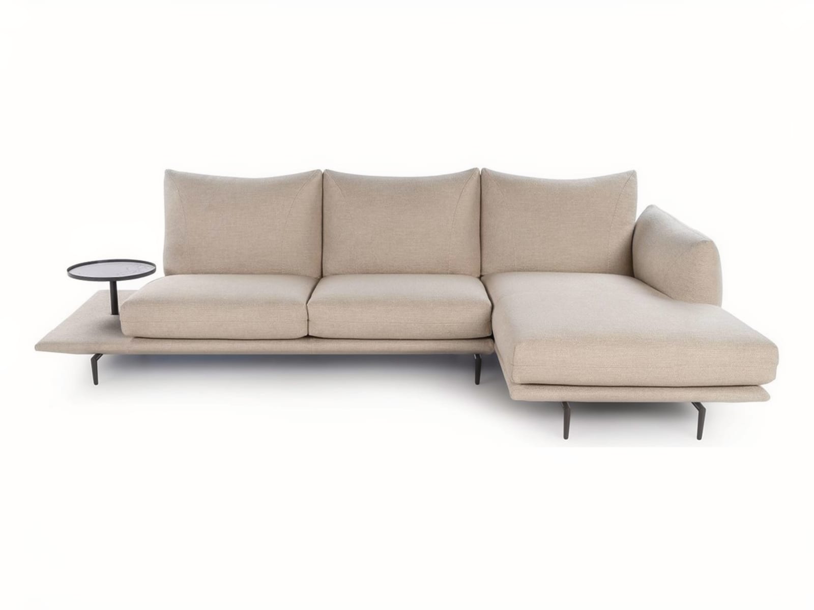 DRAGÉES Elegant sectional with heightened backrests for superior comfort, minimal base, and decorative stitching, combining sophistication with supported relaxation.