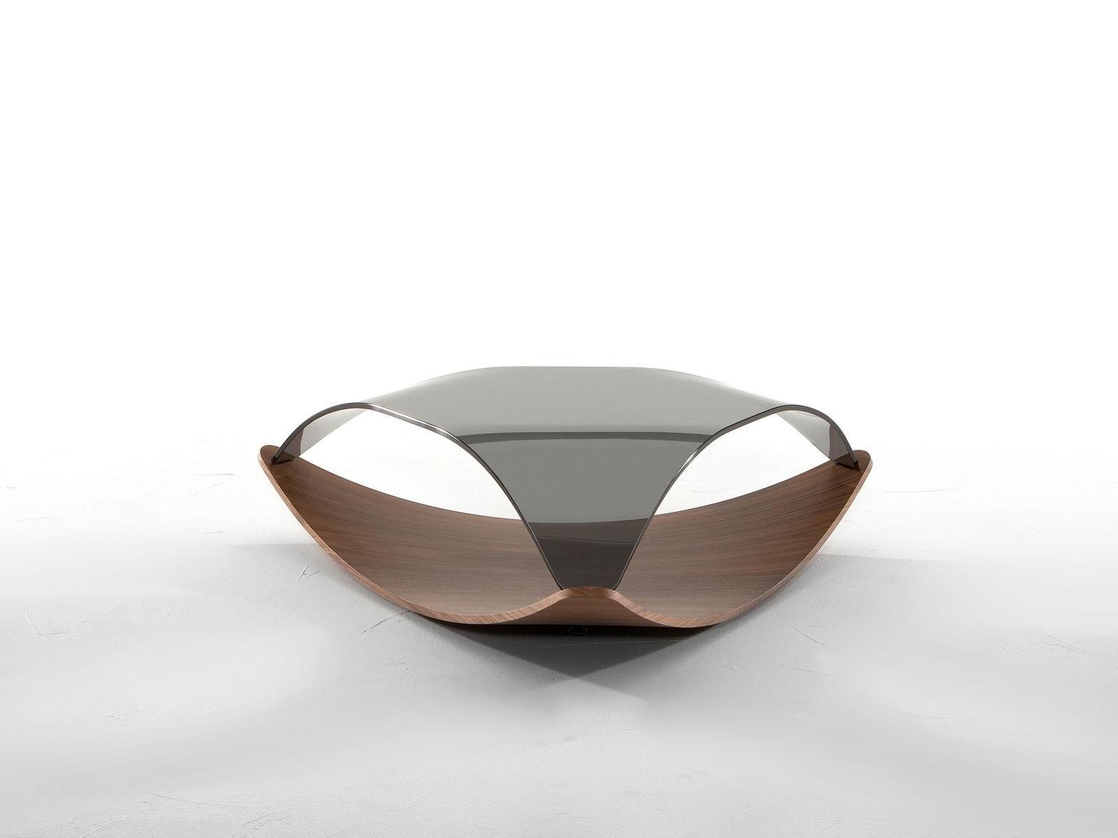 QUIET Low triangular wood and glass coffee table